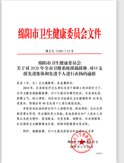 我院荣获2020年全市卫健系统援藏援彝、对口支援先进集体