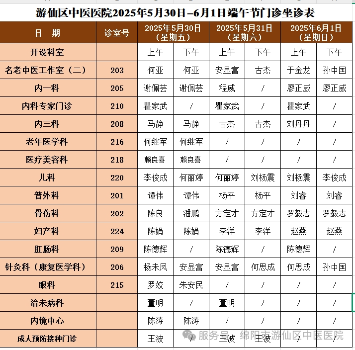 游仙分院：端午期间正常开诊！游仙区中医医院2025年端午节假期门诊安排